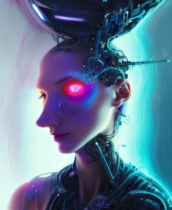 Image similar to a whirlwind of souls rushing inside the metaverse, hologram, half body, neurochip, shaved temple, piercing, jewelry, android, cyborg, cyberpunk face, by loish, d & d, fantasy, intricate, elegant, highly detailed, colorful, digital painting, artstation, concept art, art by artgerm and greg rutkowski and alphonse mucha