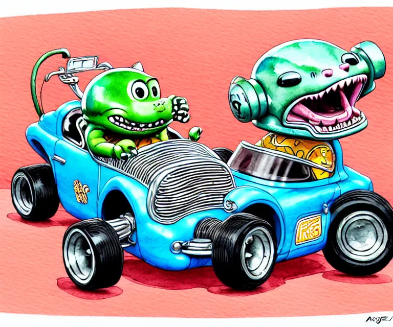 Image similar to cute and funny, baby jaguar wearing a helmet riding in a hot rod with oversized engine, ratfink style by ed roth, centered award winning watercolor pen illustration, isometric illustration by chihiro iwasaki, edited by range murata, tiny details by artgerm and watercolor girl, symmetrically isometrically centered, sharply focused