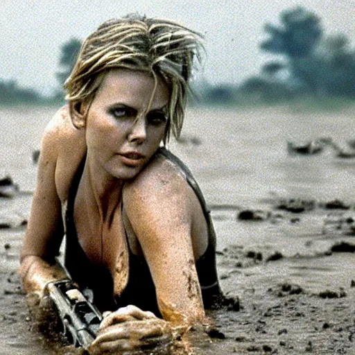 Prompt: film still, close up, charlize theron rising out of muddy vietnam river with a shotgun, face covered in mud, low camera angle at water level, night time, film still from apocalypse now ( 1 9 7 9 ), 2 6 mm.