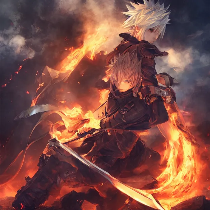 Prompt: anime portrait of sword wielding male protagonist in a final fantasy game, surrounded by rubble and debris, smoke and flames, atmospheric realistic lighting, extremely detailed, trending on pivix fanbox, art by akihiko yoshida, rossdraws.