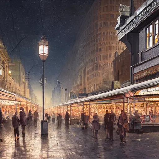 Prompt: ultra realistic illustration and highly detailed digital render of a intricate busy street by the central railway station, inside helsinki, finland, 2 0 2 2, by greg rutkowski and makoto shinkai, nighttime, dark sky, twinkly stars, amazing sky, migrating birds in the sky, colorful street lamps along road, natural stone road, asian style vendors