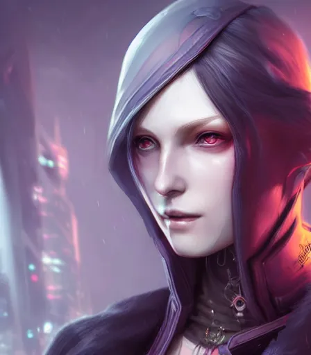 Prompt: beautiful portrait of a cyberpunk goddess who looks like Lady Maria from Bloodborne , character design by charlie bowater, ross tran, artgerm, and makoto shinkai, detailed, soft lighting, rendered in octane