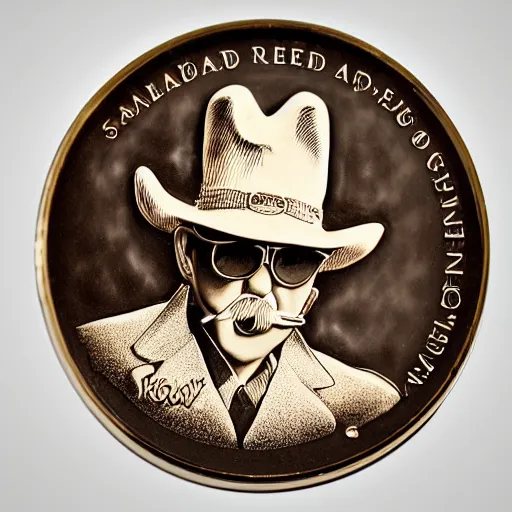 Image similar to A photograph of an unwrapped chocolate coin that is engraved with a portrait of a young leon redbone smoking a cigar and wearing a sea captain's hat, highly detailed, close-up product photo, depth of field, sharp focus, appetizing, soft lighting