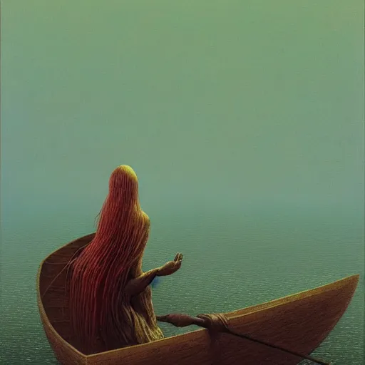 Image similar to A portrait of In the same boat by Zdzisław Beksiński and Ilya Repin,In style of Abstract art.illustration,hyper detailed,smooth, sharp focus,trending on artstation,oil on the canvas,4k