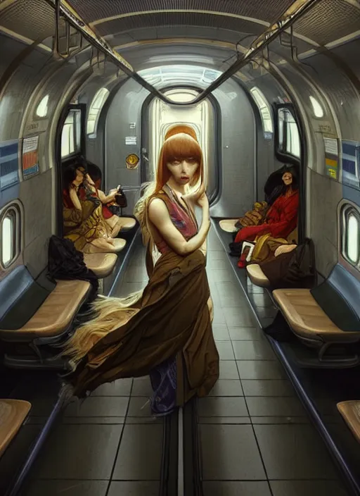 Image similar to perfectly - centered - portrait of an empty subway train, intricate, highly detailed, digital painting, artstation, concept art, smooth, sharp focus, illustration, unreal engine 5, 8 k, art by artgerm and greg rutkowski and alphonse mucha
