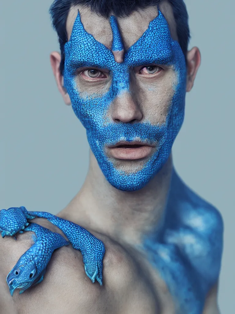 Prompt: man with blue lezard skin, photography portrait, cinematic, high quality, cgsociety, artgerm, 4 k, uhd, 5 0 mm, trending on artstation