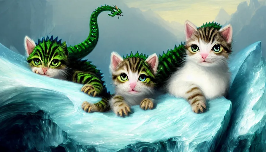 Image similar to highly detailed painting of cute baby furry green dragon kitty cats on a blue and white iceberg by william turner, by greg rutkowski, by william constable, thick brush strokes and visible paint layers, 4 k resolution