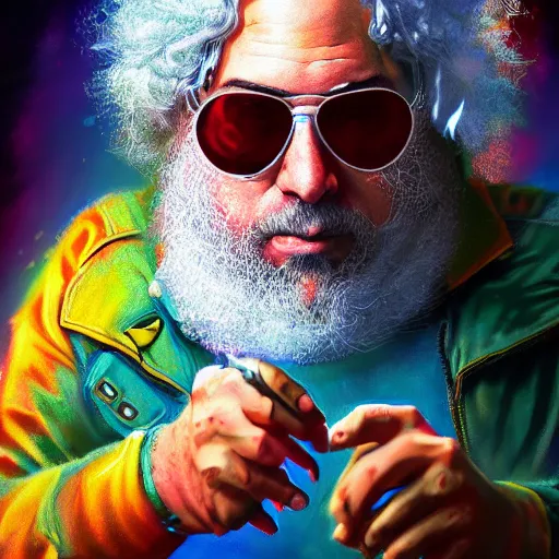 Image similar to highly detailed rony abovitz as jerry garcia, cyberpunk, concept art, character art, studio lightning, bright colors, intricate, masterpiece, photorealistic, hyperrealistic, sharp focus, high contrast, Artstation HQ, DeviantArt trending, 8k UHD, Unreal Engine 5