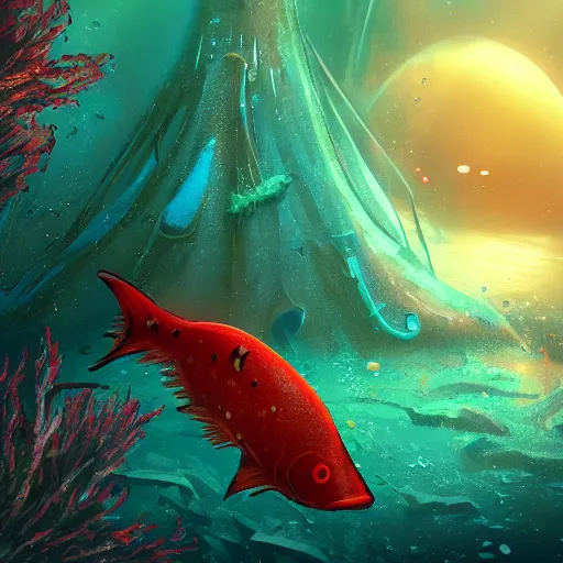 Image similar to underwater view of a strange alien world, some washed out red and green plant life, small alien fish swimming in the background, deep blue sea color, artstation