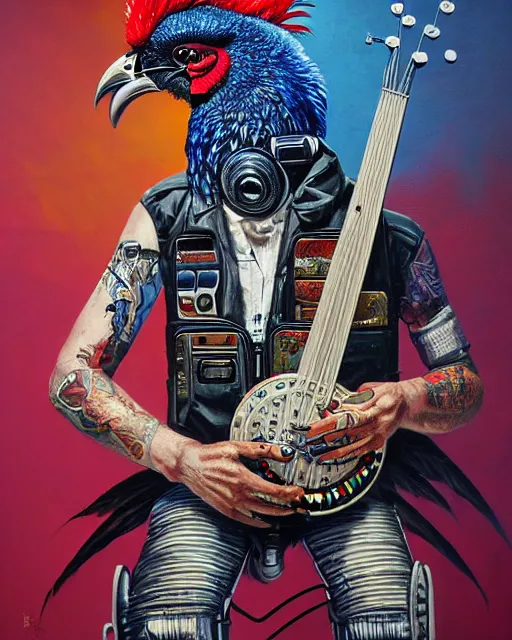 Image similar to a portrait of an anthropomorphic cyberpunk rooster shredding a banjo by sandra chevrier, by jon foster, detailed render, tape deck, epic composition, cybernetics, 4 k realistic, cryengine, realistic shaded lighting, sharp focus, masterpiece, by enki bilal