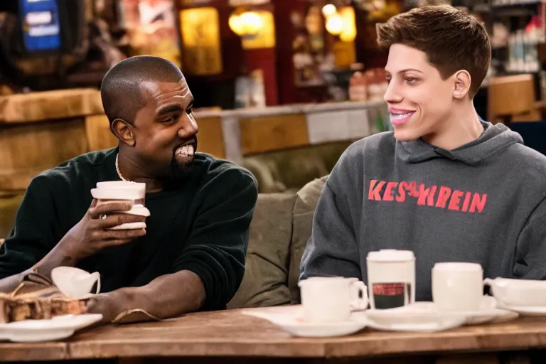 Prompt: Kanye West and Pete Davidson (2022) are best friends, drinking coffee at central perk, still photo, hyperrealistic, 35mm, 8k, by weta digital