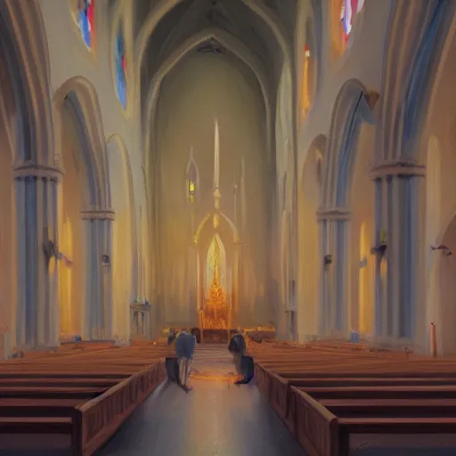 Image similar to a cult inside a church praying, oil painting, pale colors, high detail, 8 k, wide angle, trending on artstation,