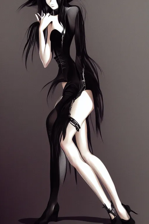 Image similar to pretty gothic lady wearing a tight black ornated dress and black stockings, fullbody art, drawn by WLOP, by Avetetsuya Studios, anime still, trending on artstation