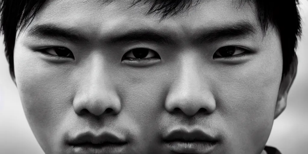 Image similar to Asian male, black hair, sharp eyes, fierce expression, cinematic monochromatic portrait photo by Leica Zeiss using force in detailed depth of field lens flare mcu style trending on artstation Flickr realistic hd by Kubrick and lucas