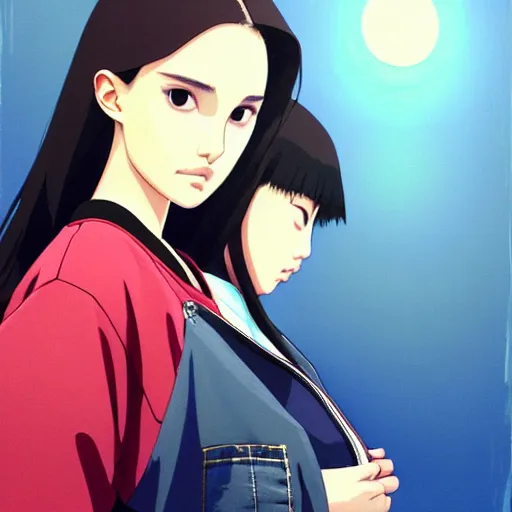 Image similar to a beautiful plus sized model japanese natalie portman, alluring, wearing oversized mayan bomber jacket and leotard with overalls, bulky poofy bomber jacket with mayan patterns, aztec street fashion, gapmoe yandere grimdark, trending on pixiv fanbox, painted by greg rutkowski makoto shinkai takashi takeuchi studio ghibli, akihiko yoshida