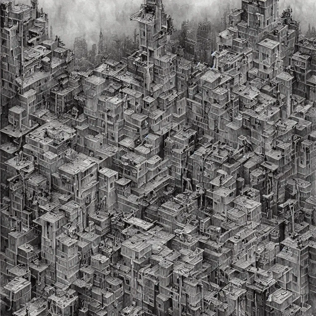 Image similar to city of feeble eldritch beings, , clear view of civilians, Mattias Adolfsson!!!, Piranesi!!, Zdzisław Beksiński!, isometric, greeble, modern European ink painting, storybook illustration, watercolor, dystopian, surrealism