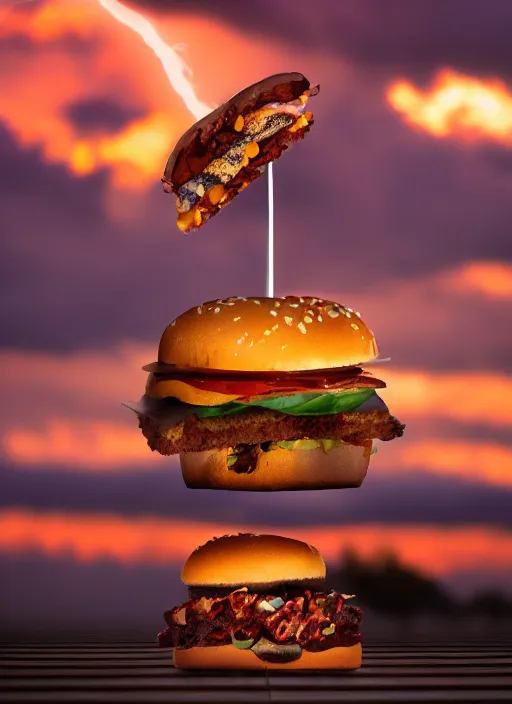 Image similar to a cinematic photograph of junkfood, at sunset, ultra detailed, realistic, beautiful lightning, golden hour time, 8 k, high depth field