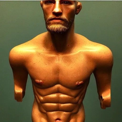 Image similar to “a realistic detailed photo of a guy who is an attractive humanoid who is half robot and half humanoid, who is a male android, boxer Conor McGregor, shiny skin, posing like a statue, blank stare”