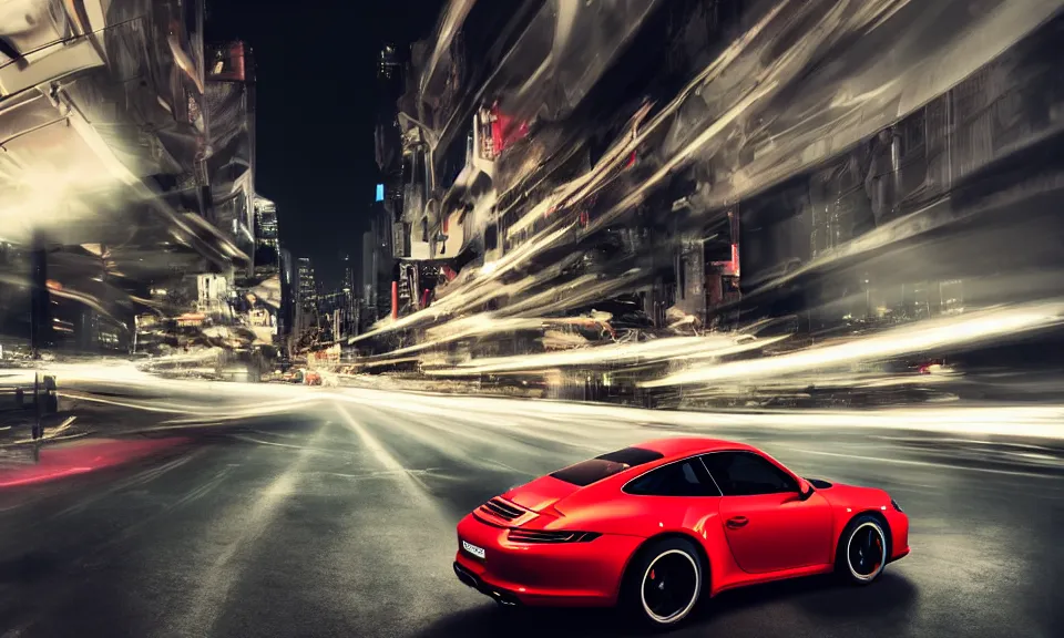 Image similar to photo of a porsche 911 at night drifting through a city, octane render, cinematic, 4k, long exposure photography, tokyo drift, fast and furious, film still, night photography, motion blur, lens flare, movie shot, light trail, distortion, wide angle