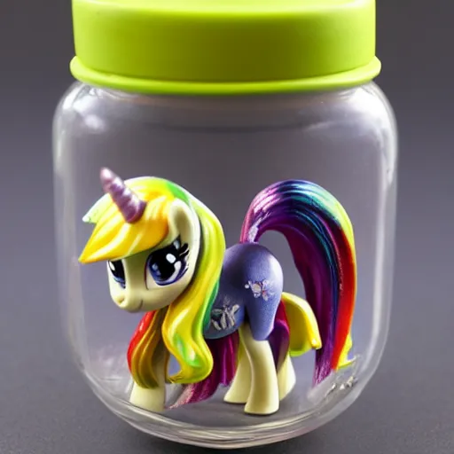 Prompt: a my little pony figurine inside a jar ; the jar is filled with a mysterious sticky yellowish fluid