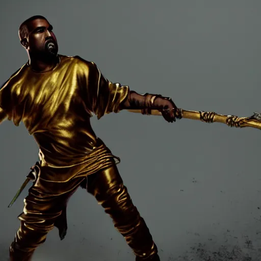 Image similar to kanye west fighting against demons with his golden sword in hell , 8k, hyper realistic, insanely detailed, legendary scene, octane render