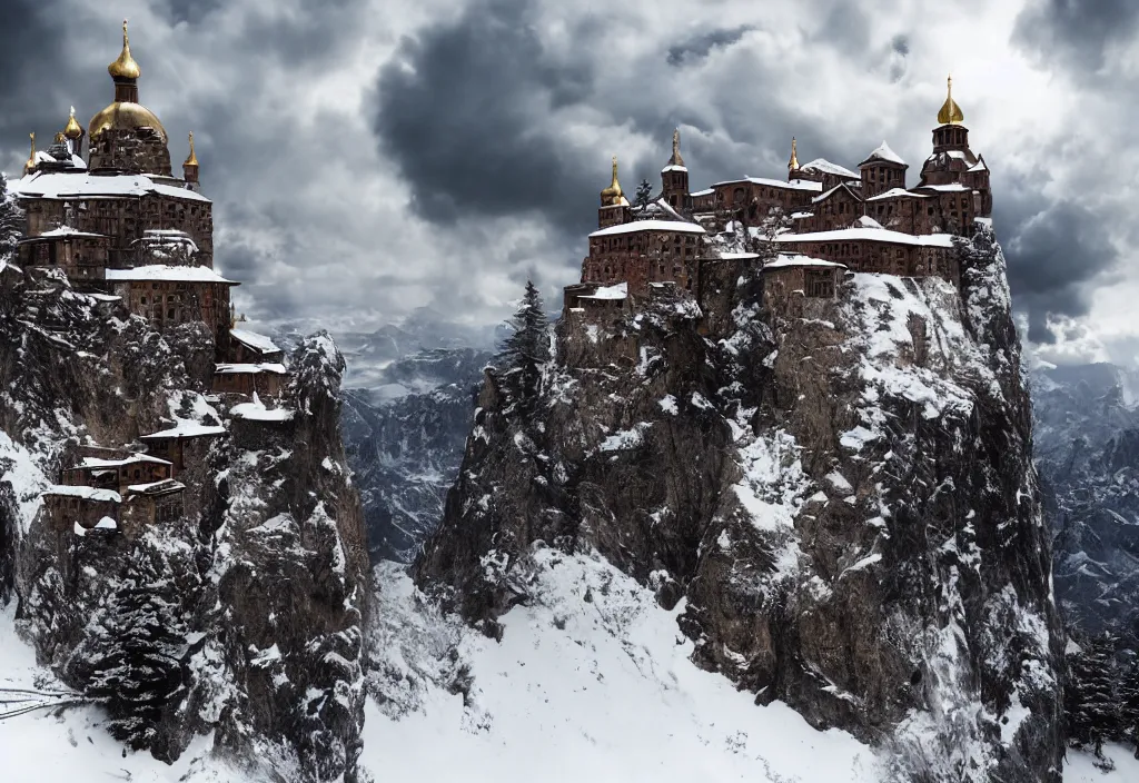 Prompt: A monastery on top of a snowy mountain surrounded by epic clouds by max schiller, cinematic, cinema lighting, ultra realistic, concept art, award winning