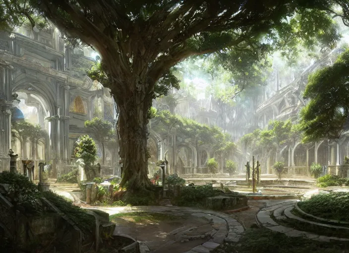 Image similar to A wide open courtyard in a beautiful elven city made of ivory, anime, lush trees, fountain, a fantasy digital painting by Greg Rutkowski and James Gurney, trending on Artstation, highly detailed