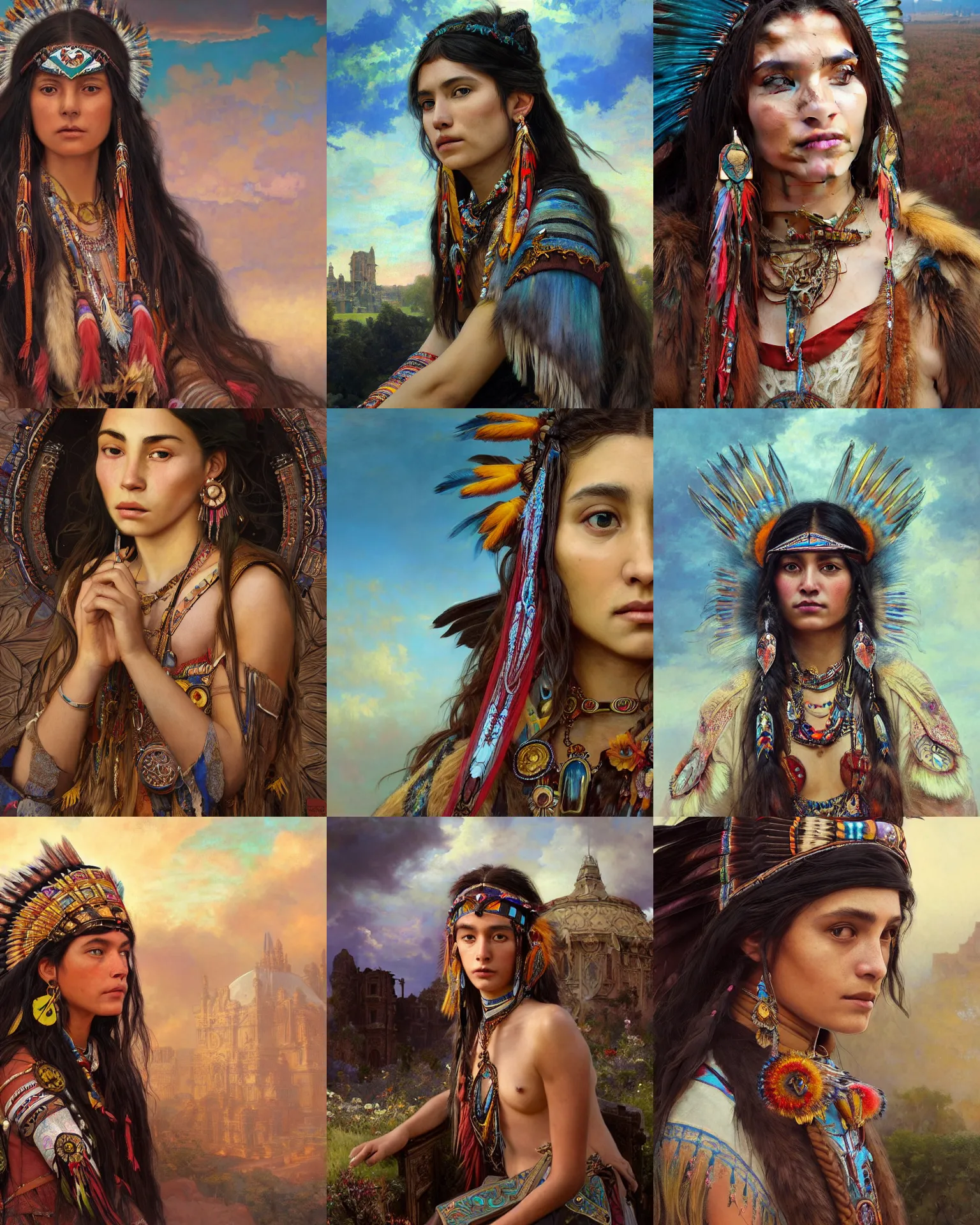 Prompt: a stunning intricate exquisite imaginative exciting native american princess close up portrait of an curious woman sitting with homely looks, work leathers, ornate magical intricate and soft by ruan jia, tom bagshaw, alphonse mucha, krenz cushart, beautiful palace ruins in the background, epic sky, vray render, artstation, deviantart, pinterest, 5 0 0 px models