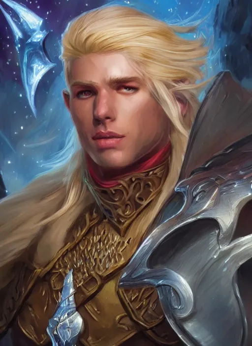 Prompt: blonde male ultra detailed fantasy, dndbeyond, bright, colourful, realistic, dnd character portrait, full body, pathfinder, pinterest, art by ralph horsley, dnd, rpg, lotr game design fanart by concept art, behance hd, artstation, deviantart, hdr render in unreal engine 5