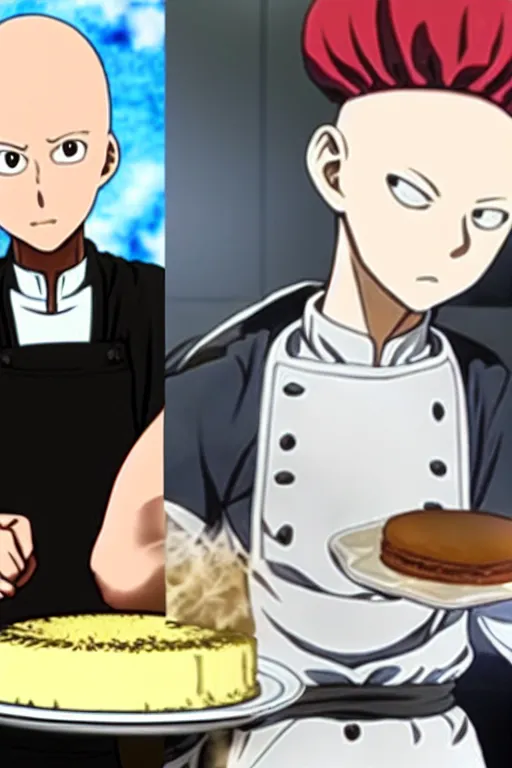 Image similar to chef saitama one punch man, dressed as a pastry chef, making a cake, masterpiece anime artwork