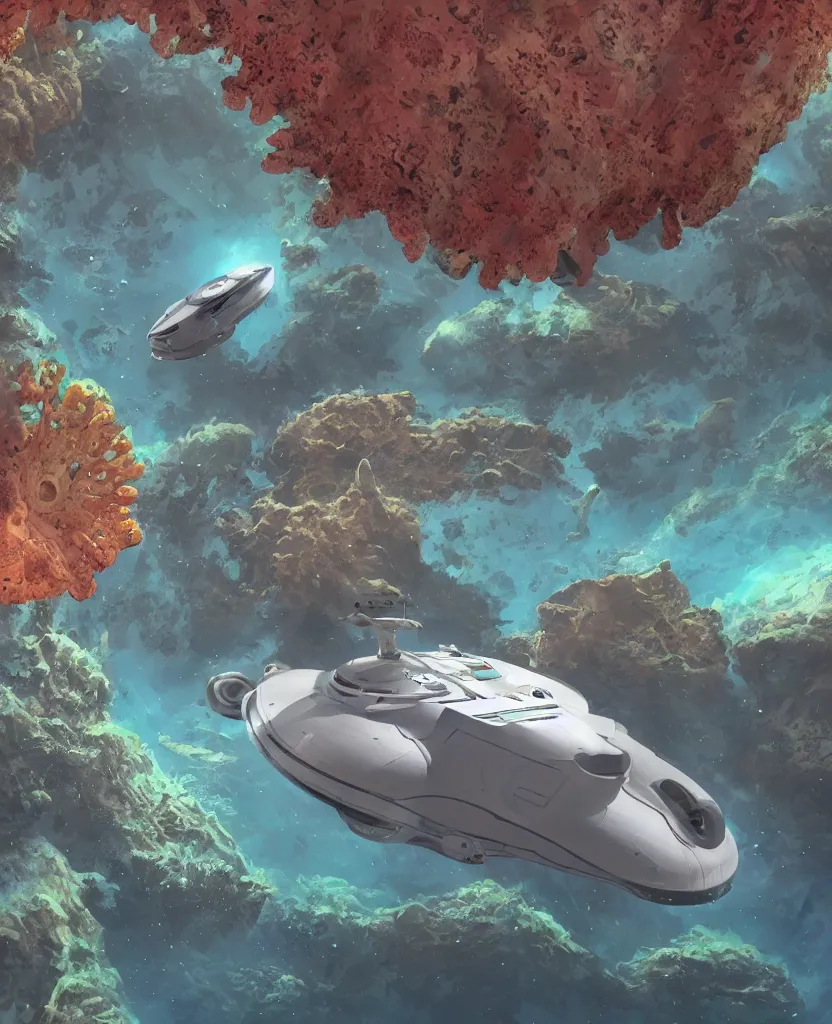 Prompt: white disc - shaped spacecraft submarine, fusion of subnautica and star trek, flying through a spectacular exotic underwater coral canyon, kelp forest, schools of fish, in the style of john eaves ron walotsky ralph mcquarrie, soft natural volumetric lighting, realistic 4 k unreal engine 5 beautifully detailed render, 4 k post processing, trending on artstation