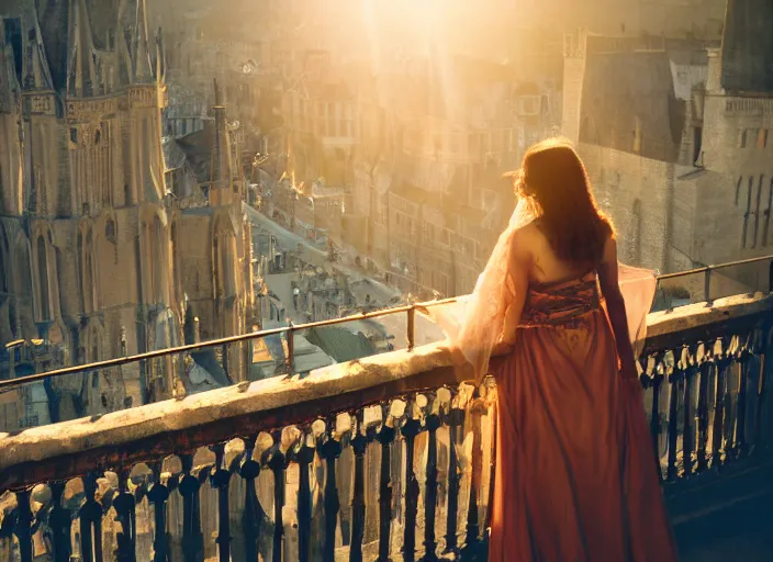 Image similar to a beautiful queen stands on a balcony overlooking a fantasy medieval gothic city, beautiful dramatic golden light and glow rays, 3 5 mm photography