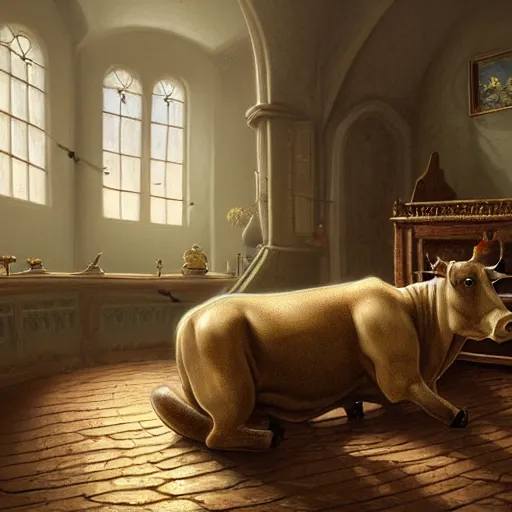 Image similar to a beautiful digital illustration painting of a detailed gothic fantasy cow in a bedroom, by benoit b. mandelbrot, steven belledin, martin johnson heade, lee madgwick, caspar david friedrich, and david rios ferreira. 8 k resolution trending on artstation concept art digital illustration