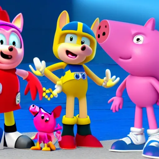 Image similar to sonic, peppa pig and the paw patrol crossover episode, cartoon network stillframe, hd,