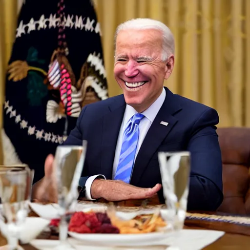 Image similar to 4 k hdr portrait wide angle photo of president joe biden laughing at a dinner table meeting surrounded by taliban terrorist leaders