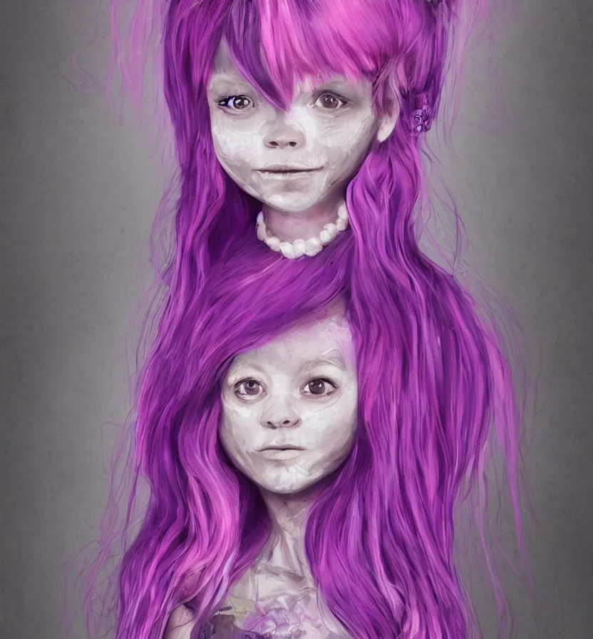 Image similar to little girl with eccentric pink hair wearing a dress made of purple fur, anatomically perfect, concept art,