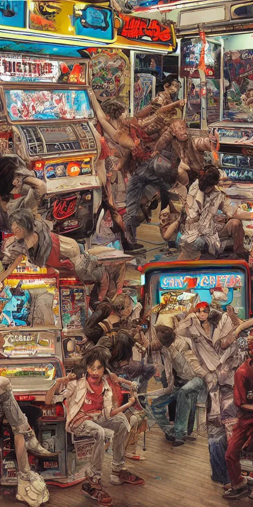 Image similar to oil painting scene from amusement arcade by kim jung gi