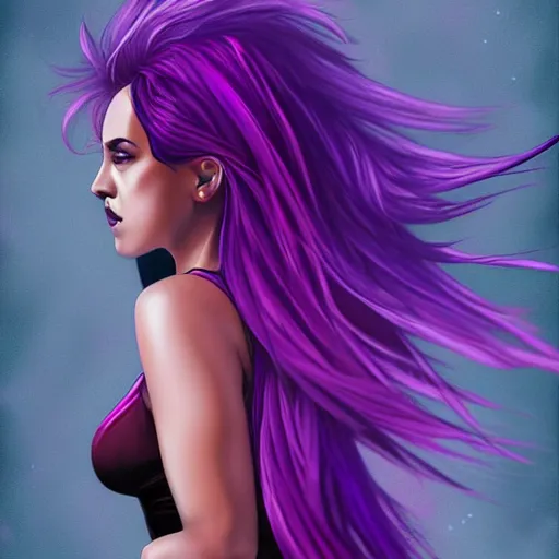 Image similar to a stunning upper body portrait of a beautiful woman with purple hair and pink highlights blowing in the wind by marvel comics, digital art, trending on artstation