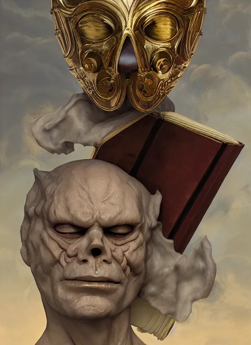 Image similar to Magic Floating Thespian Mask reading a book, bodyless, theater mask, mask only, Ivan Aivakovsky, Boris Vallejo, epic fantasy character art, D&D Concept Art, Realistic, Regal, Refined, extremely detailed, Detailed Digital Art, Oil Paining, Exquisite detail, post-processing, masterpiece, Cinematic Lighting, Unreal Engine, 8k, HD, Stanley Artgerm Lau, WLOP, Rossdraws, Frank Frazetta, Andrei Riabovitchev, Marc Simonetti, trending on artstation, flawless