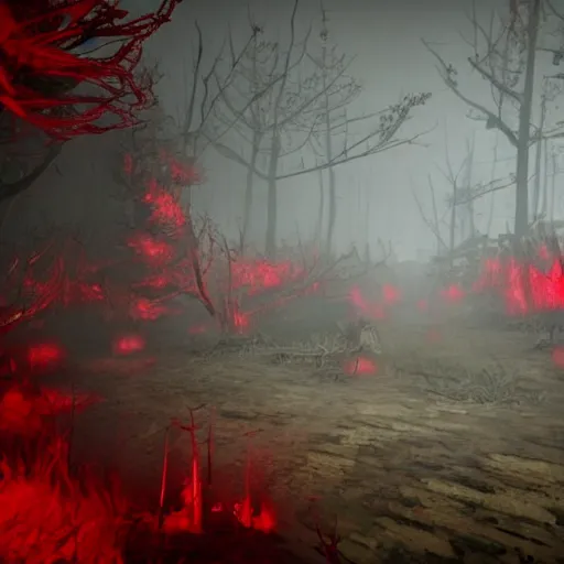 Prompt: a terrifying environment with red ghosts in it
