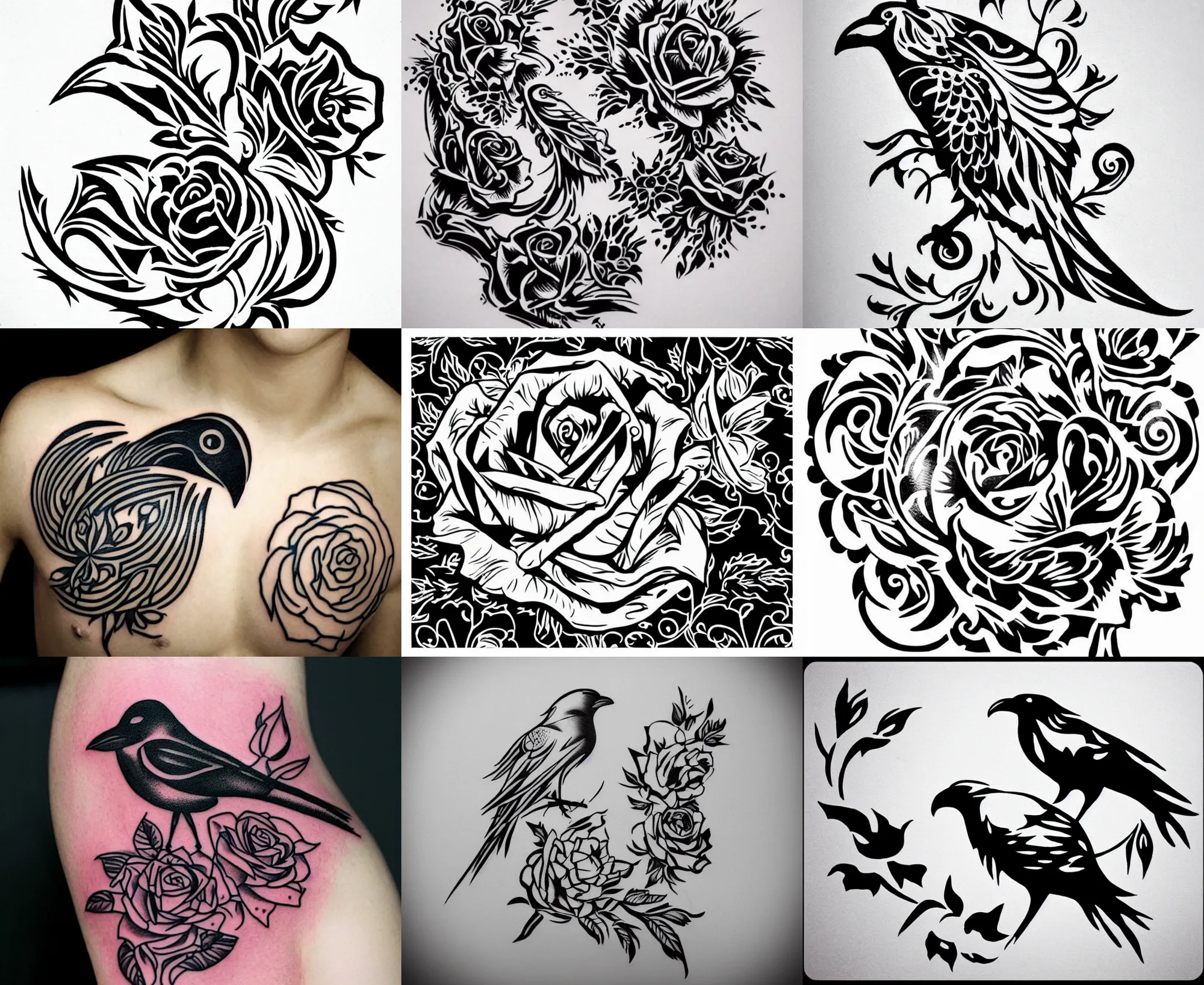 Image similar to Tattoo Stencil stylized crow rose Raven, bold strong lines very highly aesthetic