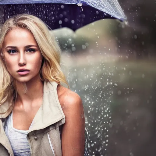 Prompt: a beautiful blonde woman sitting in the rain, wet vest, realistic, 8k resolution, hyperdetailed, highly detailed, real life, studio lighting, high quality