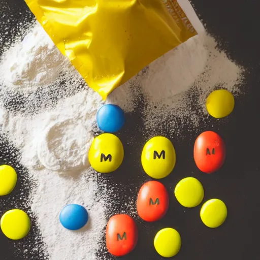 Prompt: yellow m & m with face holding a bag of white powder in its hands