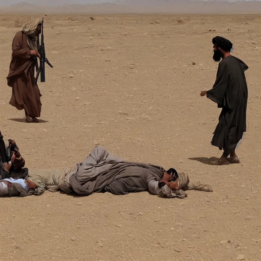 Image similar to a taliban terrorist beheads an usa citizen in the middle of a desert, ultra realistic, highly detailed, zoomed out, canon 3 5 mm photography