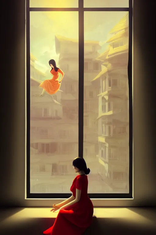 Image similar to joana sitting lookin at window composition : dynamic lighting, digital painting, center of interest, intricate, proportion, highly quality, balance, unity, extremely highly detailed. by bambang nurdianshyah ( details and background ) garis edelweiss ( lighting ) roby dwi antono ( character ) kira ayn varszegi ( dress )