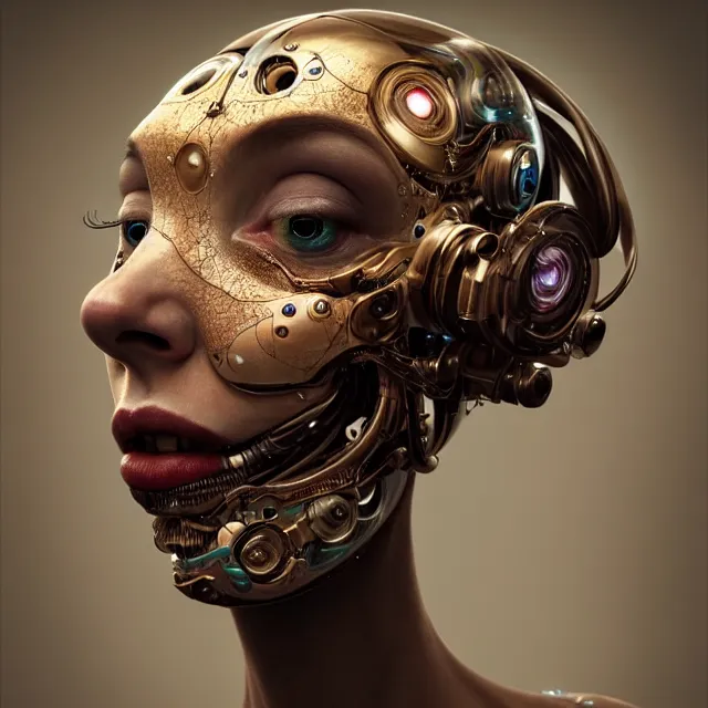 Prompt: biorobot with realistic human skin, diffuse lighting, 8K, UHD, fantasy, intricate, elegant, highly detailed, lifelike, futuresynth, artstation, realism, concept art, smooth, sharp focus, art by Alexander Jansson and Agnes Lawrence Pelton and Anna Dittmann