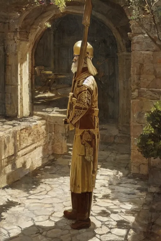 Image similar to an ancient byzantine palace guard walking through the byzantine courtyard by anders zorn, wonderful, masterpiece by greg rutkowski, beautiful cinematic light, by greg manchess, jessica rossier