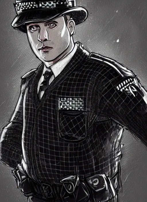 Prompt: a highly detailed illustration of 3 3 year - old clean - shaven chubby white man from uk wearing black police sweater with necktie and police helmet, heroic pose, black and white checker background, intricate, elegant, highly detailed, centered, digital painting, artstation, concept art, smooth, sharp focus, league of legends concept art, wlop.