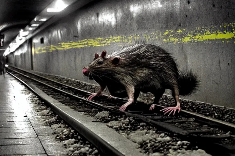 Image similar to very large giant mutant zombie irradiated rat sraying on railways in tonnel of moscow subway. extreme high detail. low dark light, scary atmosphere.