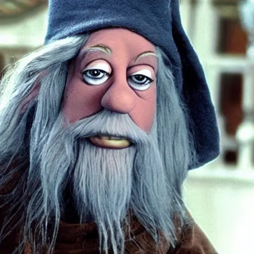 Prompt: A still of Gandalf the Grey as a muppet, wearing a grey, patched wizard's hat, realistic photo